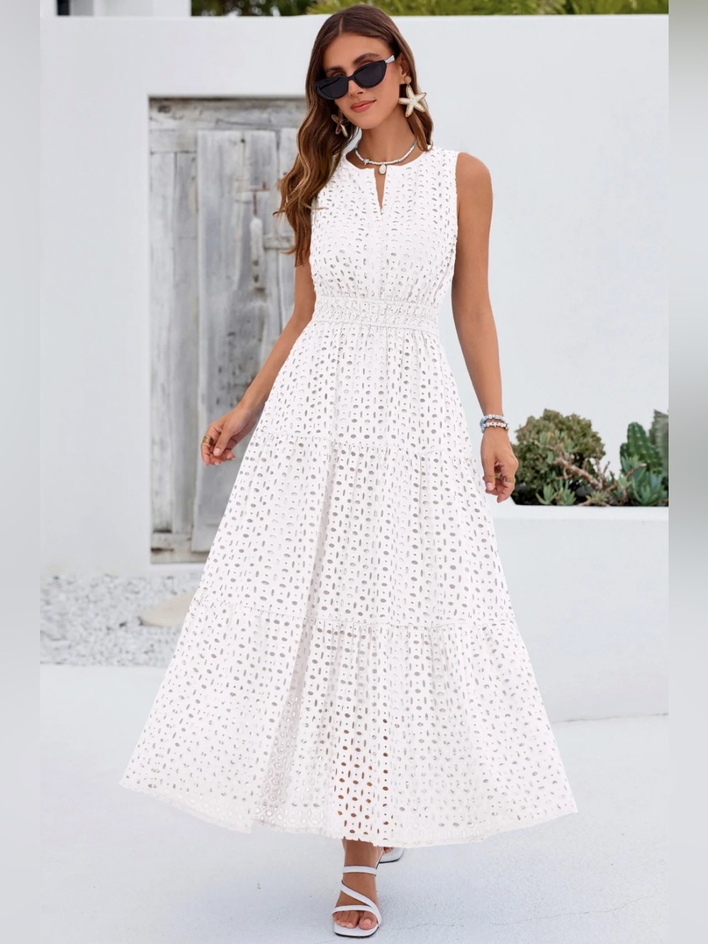 PrettyGarden White Eyelet Maxi Dress Tiered Sleeveless Summer Dress